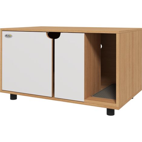 Meuble litière surélevé pour chat 2 en 1, porte scandinave, armoire toilette avec pieds, 80 x 48 x 48 cm, naturel et blanc (1/5)