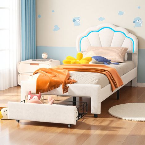 Eifson – Lit simple 90x200 cm avec éclairage LED – Tête de lit pétale en velours – 1 tiroir de rangement – Lit enfant blanc