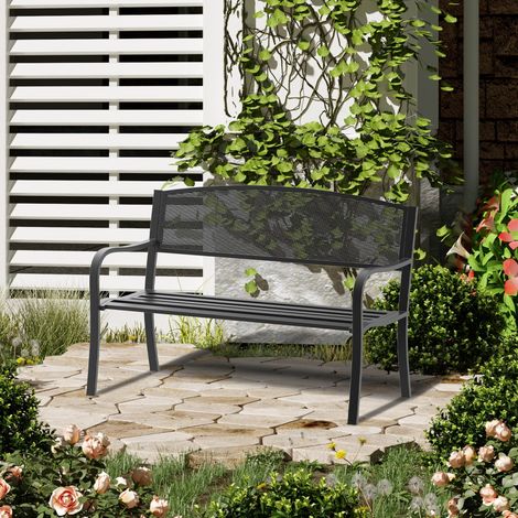 Banco Exterior de Jardín de 2 Plazas Banco para Terraza con Respaldo de Malla de Acero Carga 240 kg 127x60x87 cm Negro (1/5)
