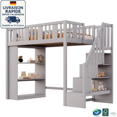 Lit mezzanine enfant en bois 90 x 200 - Avec escaliers de rangement et garde-corps de sécurité - Il y a un grand support de rangement sur le côté gauche - Bois Certifié PEFC - Gris (1/5)