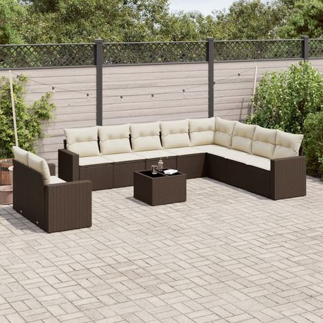 [Salon de Jardin en Résine Tressée] Set Salon + Table + Coussins Marron  11 Pièces  5+5 Fauteuils (Central/Angle) + Verre Trempé  Housse Lavable (1/5)