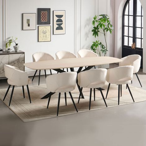 Ensemble table 240cm effet travertin + 8 chaises tissu bouclette blanc