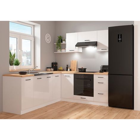 Pegane – Cuisine d'angle complète 200x220 cm – Meubles modulables blanc/craie brillant – Armoires basses et hautes – Éclairage LED inclus