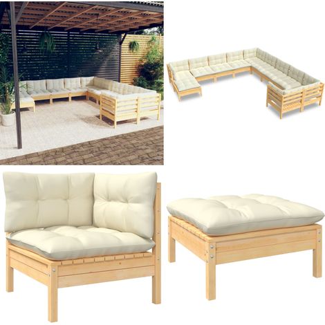 Muebles de jardín 11 piezas y cojines madera de pino crema - Muebles de exterior - Cojines de madera