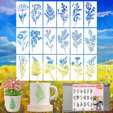 18 pochoirs de fleurs, gabarits réutilisables en PET pour peinture DIY, 6 x 3 pouces, pour toile, bois, cartes, scrapbooking, décoration murale et fenêtre (1/5)