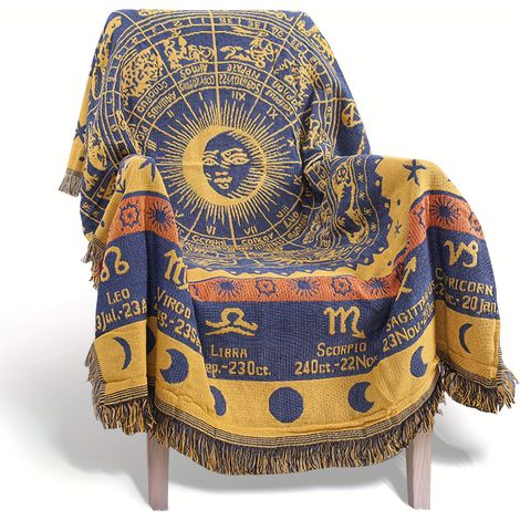 Plaid Bohème Réversible – Motif Astrologie et Constellations avec Franges (1/3)