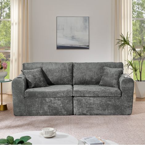 2-Sitzer-Sofa Chenille Grau mit USB-Ladefunktion, Getränkehalter und Seitentasche (1/5)