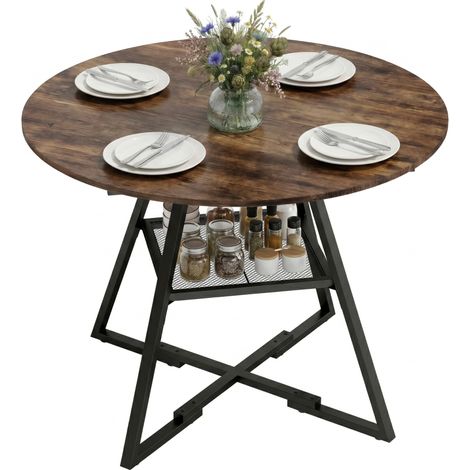 Table à manger ronde pour 4 personnes, diamètre 100 cm, hauteur 76 cm, style rustique brun, idéale pour cuisine et salle à manger. (1/5)