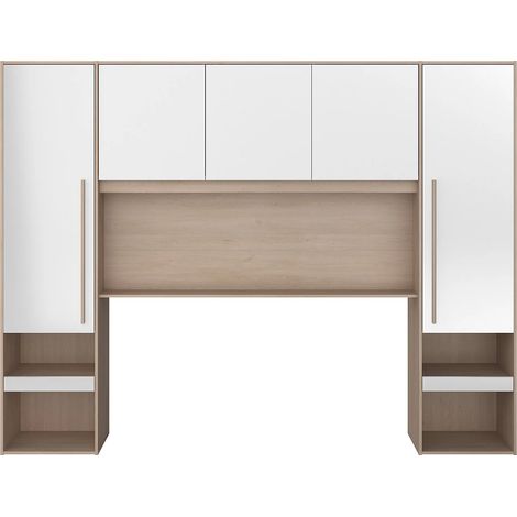 Pont de lit avec rangements - Avec LEDs - L265 cm - Coloris : Blanc brillant et naturel - VELONA (1/5)