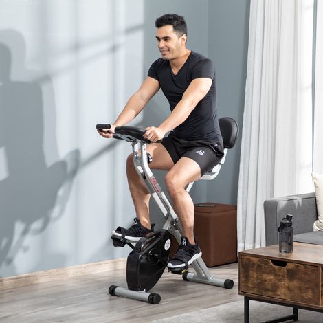 Vélo appartement pliable 8 résistances magnétiques, dossier et selle réglables, home trainer compact noir, LCD et capteur cardiaque