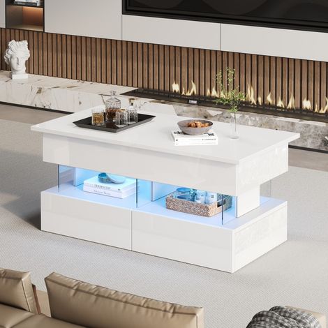 Table basse relevable-réglable en hauteur-LED blanc brillant-rangement dissimulé+2 tiroirs-MDF+acrylique-100x50x46cm (1/5)