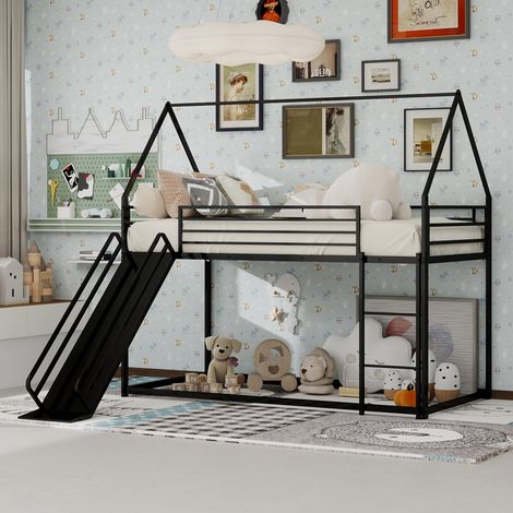 Lit superposé simple avec toboggan pour chambre d'enfant, cadre de lit en forme de maison avec échelle, sans sommier et facile à monter