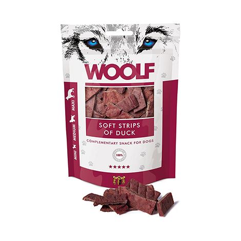 Friandises pour chiens Woolf Canard rayé, races Mini, Moyenne et Maxi, 100 g