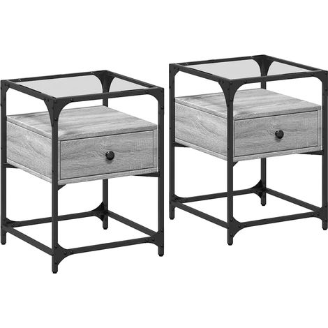 Set di 2 comodini con cassetto 40 x 40 x 55 cm in legno ingegnerizzato grigio acciaio e vetro DEC035725