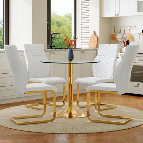 Ensemble table verre 85 cm support métal doré + 4 chaises PU blanc-or. Style luxueux moderne pour décoration de salle à manger. (1/5)