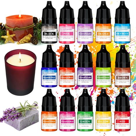 15 Couleurs Colorant Bougie, 5 ml Pigments de Couleur pour Poudre de Coulée pour Fabrication Bougie, Kit Savon, Ciment, Résine Époxy, Plâtre de Béton, Très Concentré (1/5)