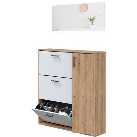 Mueble Zapatero con Espejo, Armario Zapatero hasta 24 pares, Zapatero 4 Puertas Roble Nodi y Blanco Artik 105x112x24 cm (1/5)
