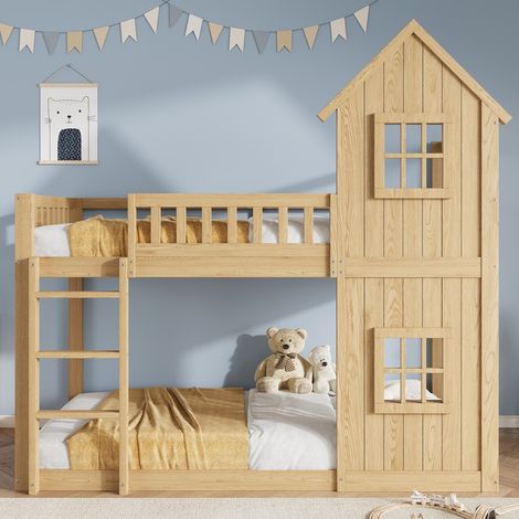 Lit superposé enfant forme maison avec 2 fenêtres, escalier 3 marches, barrières tout autour, pin et MDF naturel 90×200 cm (sans Matelas) (1/5)