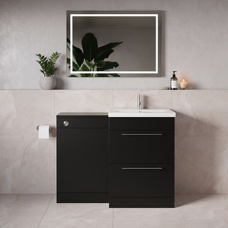 Napoli 390 Matt Black 1100mm 2 Drawer Vanity Unit Toilet Suite with Glide Basin - 1100mm - Chrome 320mm HandleWithout Kingston Toilet Pan