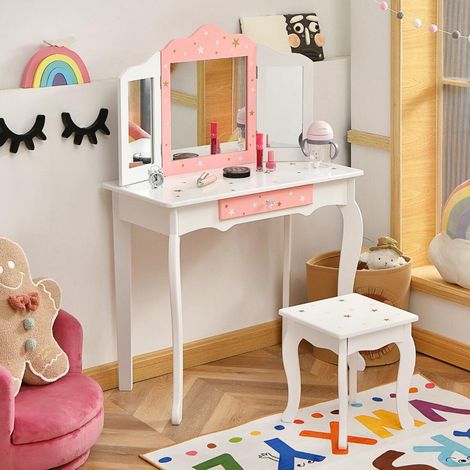 Pour enfant, préparation facile avec coiffeuse et tabouret, miroir triptyque amovible et grand tiroir (1/5)