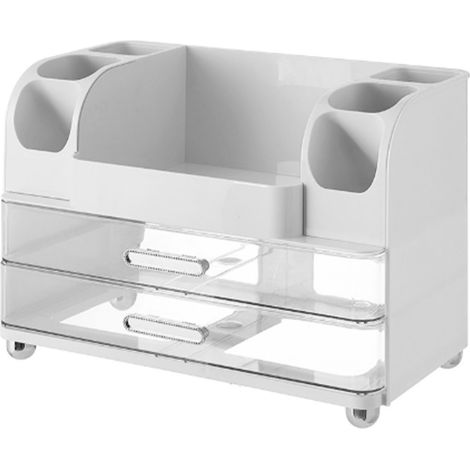 Organisateur de maquillage avec tiroirs, présentoir cosmétique de comptoir avec porte-pinceaux pour salle de bain, soin de la peau et parfum blanc (1/5)