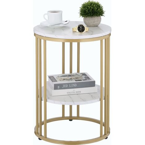 Relaxdays Beistelltisch Marmoroptik, 2 Ablagen, für Wohnzimmer, Metall & MDF, Sofatisch rund, HxD 56x40 cm, weiß/gold (1/5)