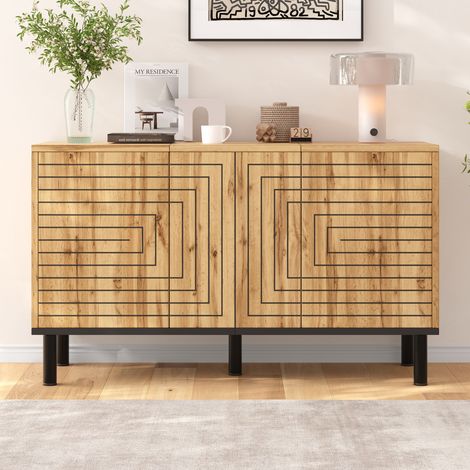 Buffet bas de rangement 120 x 35 x 68 cm effet bois avec 3 portes push-open, motif vagues, 6 compartiments, MDF, salon cuisine entrée (1/5)