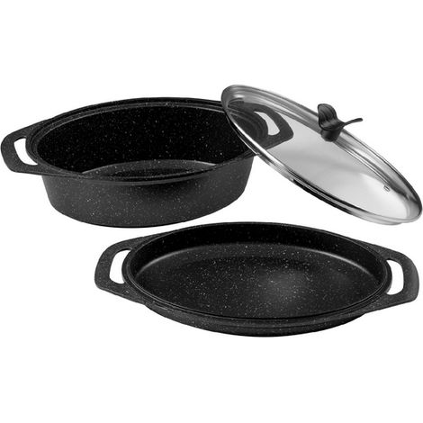 Marmite Ovale 3 Pièces PREMIUM 33 x 25 CM Fonte d'Aluminium avec Couvercle en Verre - Pradel (1/2)