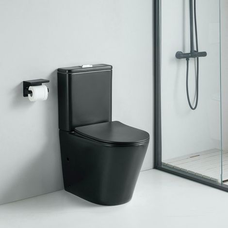 Stano. – Toilette WC à poser en céramique noir mat – Cuvette Rimless hygiénique – Abattant Soft Close – Mécanisme double chasse 6/3L (1/4)