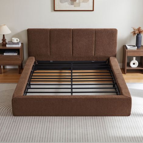 Estructura de cama de 140x200 cm con cabecero tapizado, armazón de acero reforzado, sin somier – fácil montaje, alta estabilidad, colchón no incluido. (1/3)