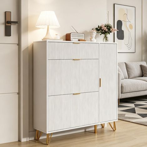 Scarpiera – Tavolino extra-large – Laccato bianco – Mobile contenitore a tre scomparti – Stile moderno (1/5)