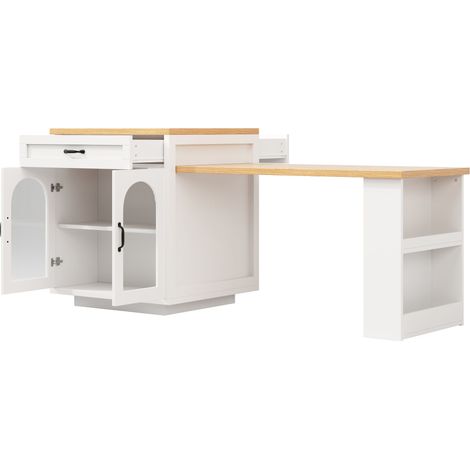 Îlot de cuisine extensible avec éclairage LED, meuble de cuisine moderne à 2 tiroirs et étagères réglables, buffet avec portes vitrées cannelées, plan de travail MDF pour la salle à manger (1/5)