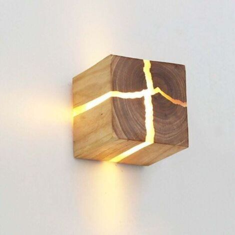 Applique da parete in legno naturale screpolato da 8 cm, design originale in rovere sbiancato, lampada da parete semplice e creativa, decorazione quadrata, luce notturna, 5W