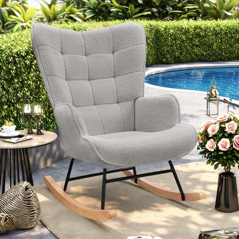 Poltrona a dondolo, poltrona reclinabile, poltrona da soggiorno, poltrona a dondolo imbottita, poltrona lounge per soggiorno, camera da letto, balcone, velluto teddy, grigio chiaro