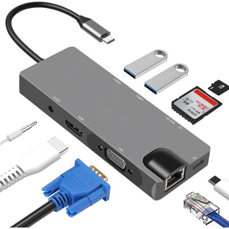 Hub USB-C 9-en-1 avec USB 3.0, HDMI, RJ45, lecteur de carte SD/TF, 100 W PD, VGA (1/5)