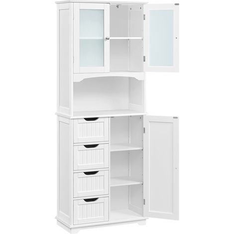 Yaheetech – Colonne de salle de bain avec 4 tiroirs – Placard 2 portes en verre trempé – Étagères réglables – MDF blanc 60 × 30 × 165,5 cm