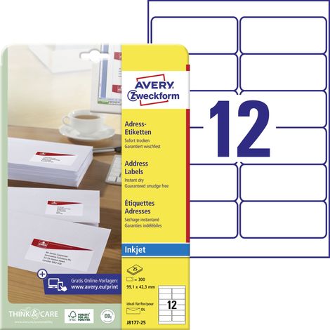 Avery Zweckform J8177-25 Adress-Etiketten, A4, 99,1 x 42,3 mm, 25 Bogen/300 Etiketten, weiß (1/5)