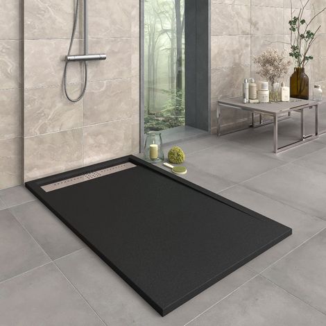 Receveur de douche 80x150 cm extra plat en résine minérale ORION noir (1/5)