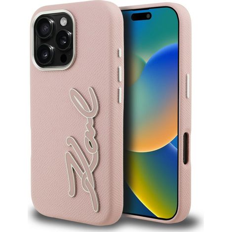 Funda Karl Lagerfeld FW con logo granulado para iPhone 16 Pro, color rosa. (1/5)