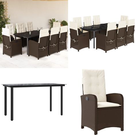 Set da Pranzo da Giardino 9pz con Cuscini Marrone in Polyrattan - Sedie da giardino reclinabili - Tavolo da giardino