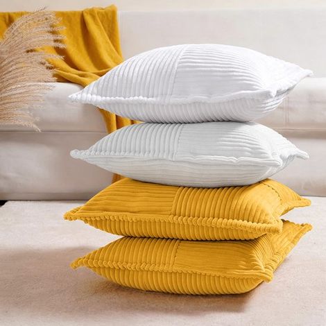Juego de 4 fundas de cojín cuadradas de pana con diseño de patchwork，verde salvia + amarillo jengibre + marrón + beige，4545 cm (1/5)