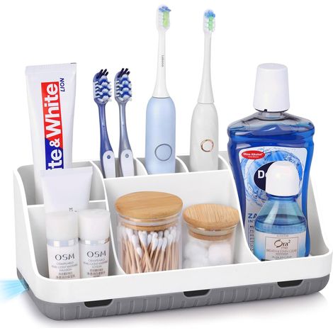 Porte Brosses à Dents, Organisateur Salle de Bain, 7 Fentes pour Le Support Brosse a Dent Electrique pour la Famille, Les Enfants (Grey) (1/5)