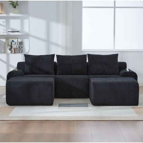 Divano modulare 268/174 cm in velluto a coste nero con portabicchieri e tasca laterale (1/5)
