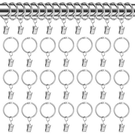 Anneaux pour Rideaux,30 pcs Anneau Rideau avec Pinces,32mm Clips de Rideau Anneaux,Argent Crochet Rideau,Anneaux pour Tringle à Rideaux,Métal Drapé Clip Crochets,Crochet Rideau pour la Bain,Balcon (1/4)