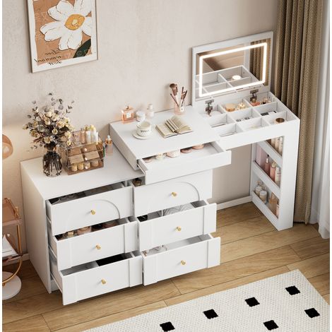 Tocador de aglomerado blanco con LED, espejo, 7 cajones y diseño giratorio (1/5)
