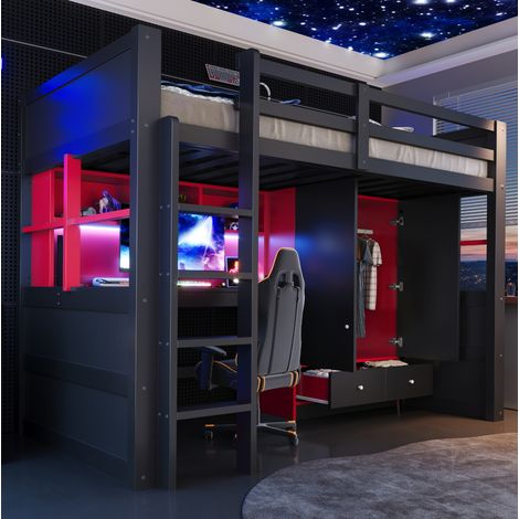Hochbett 90 x 200 cm mit Schreibtisch, Kleiderschrank, Schubladen und LED, Schwarz-Rot OKMYHOME (1/5)