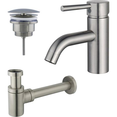 Fortifura Calvi Kit mitigeur lavabo - robinet bas - bonde non-obturable - siphon design bas - PVD Inox brossé