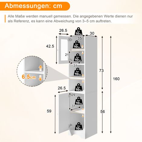 MEUBLIV Hochschrank 35 x 30 x 160 cm Weiß, 3 Aufbewahrungsbereiche (1/5)