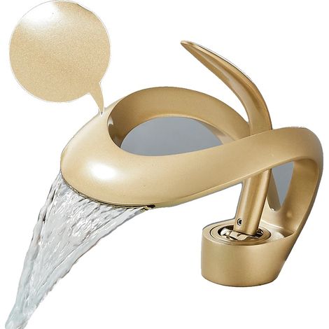 Grifo de lavabo de latón macizo con efecto cascada, monomando para control de agua fría/caliente, válvula cerámica duradera, acabado en oro mate. (1/2)