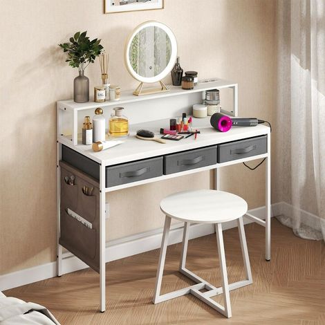 Ensemble bureau et tabouret avec support écran, coiffeuse/bureau informatique 110 cm avec prises et rangements (1/5)